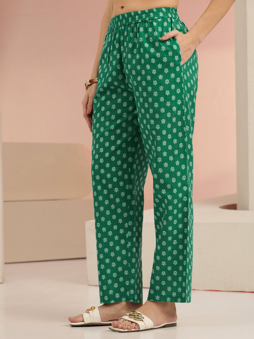  Libas Emerald Green Printed Cotton Straight Suit Set 