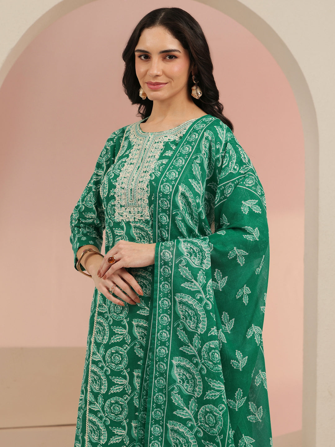  Libas Emerald Green Printed Cotton Straight Suit Set 
