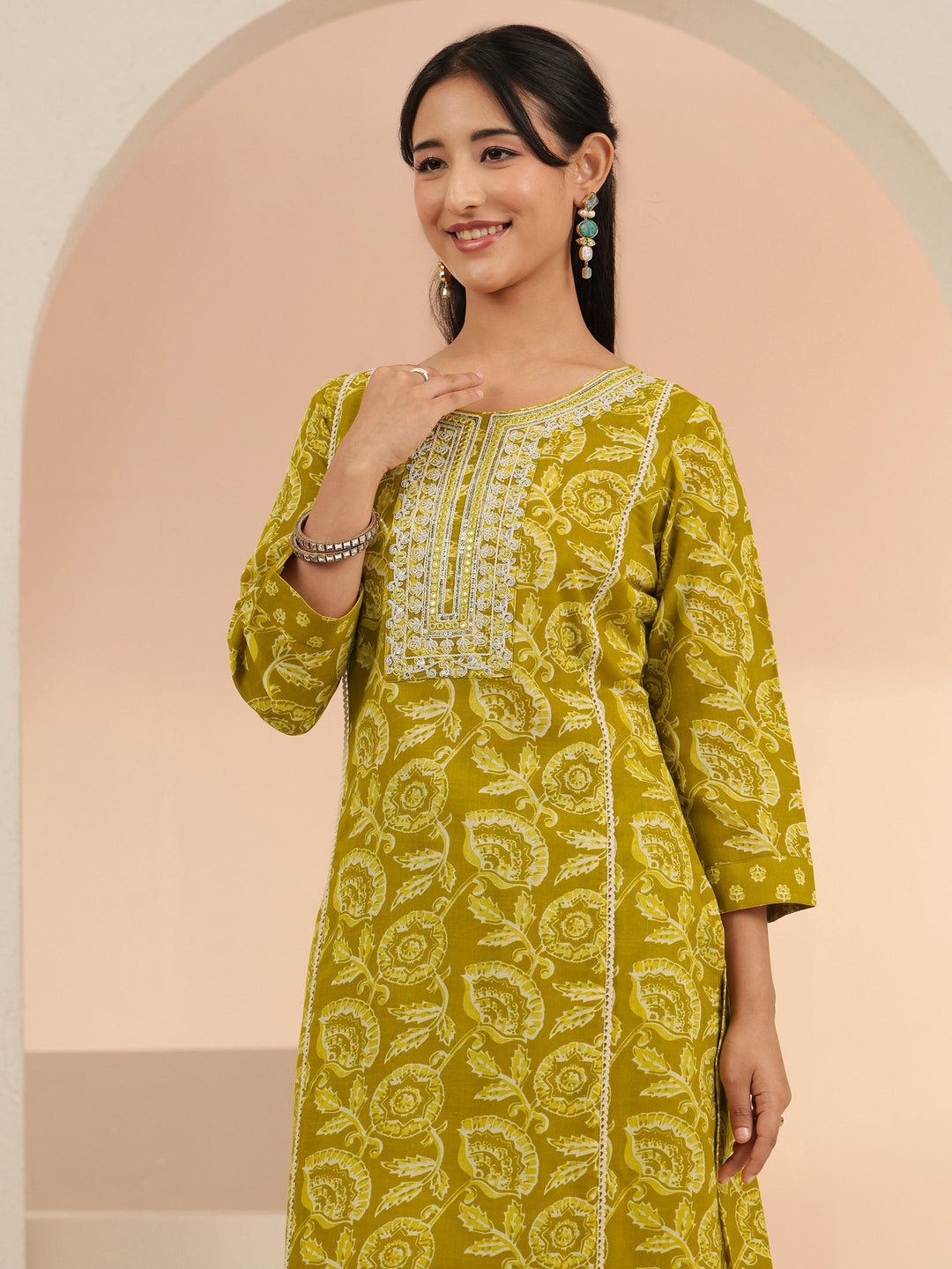  Libas Mustard Floral Printed Cotton Straight Suit Set 