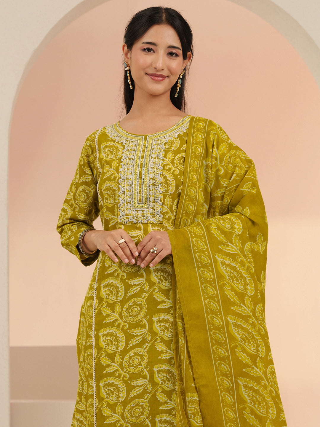  Libas Mustard Floral Printed Cotton Straight Suit Set 