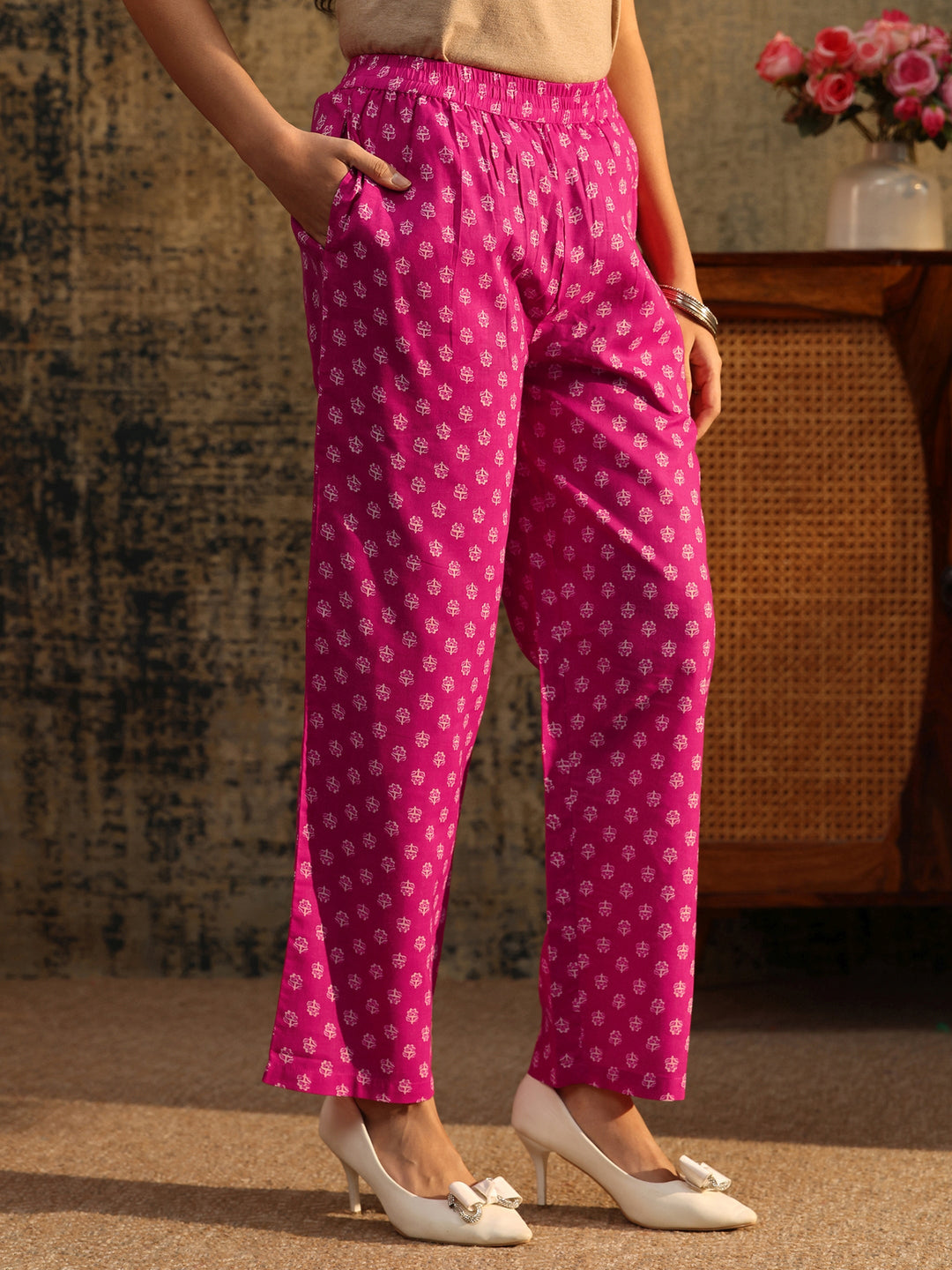  Libas Magenta Floral Printed Cotton Straight Suit Set 