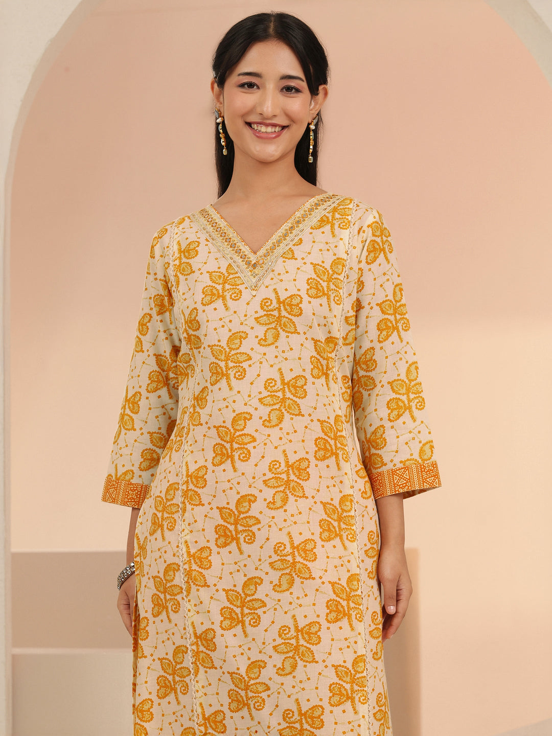  Libas Off White Floral Printed Cotton Straight Suit Set 