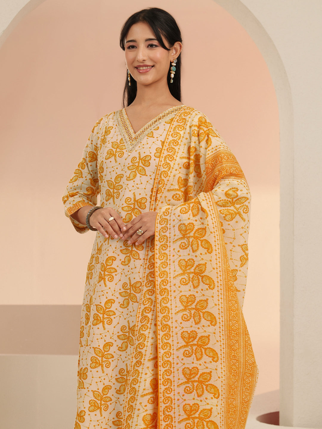  Libas Off White Floral Printed Cotton Straight Suit Set 