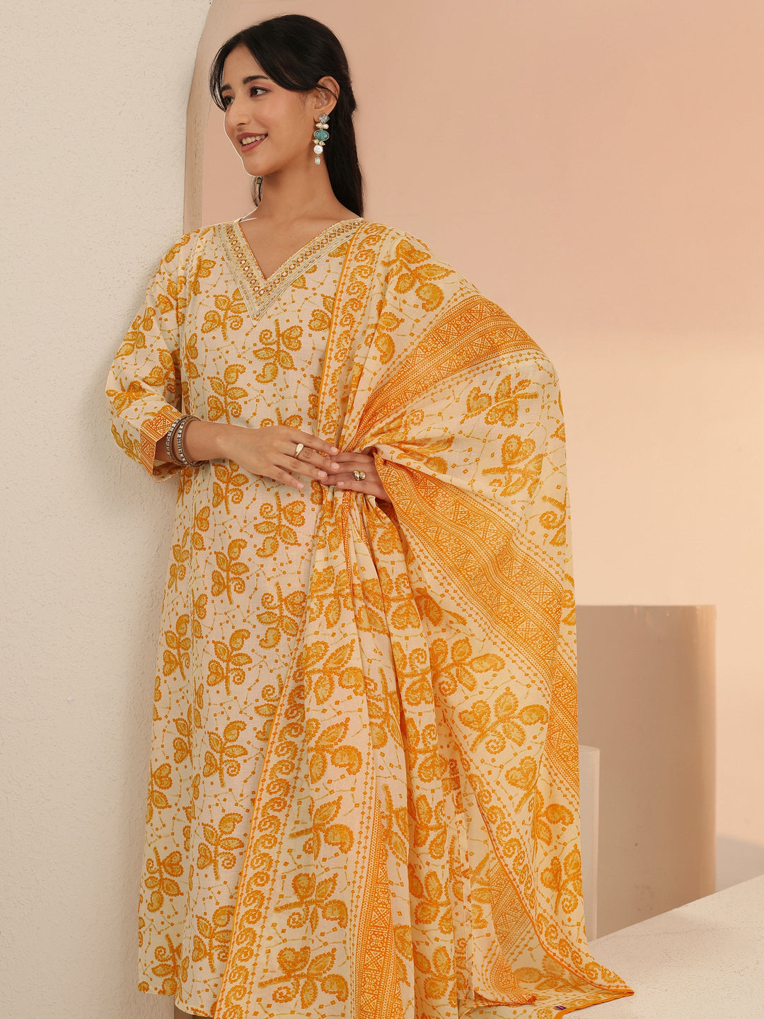  Libas Off White Floral Printed Cotton Straight Suit Set 