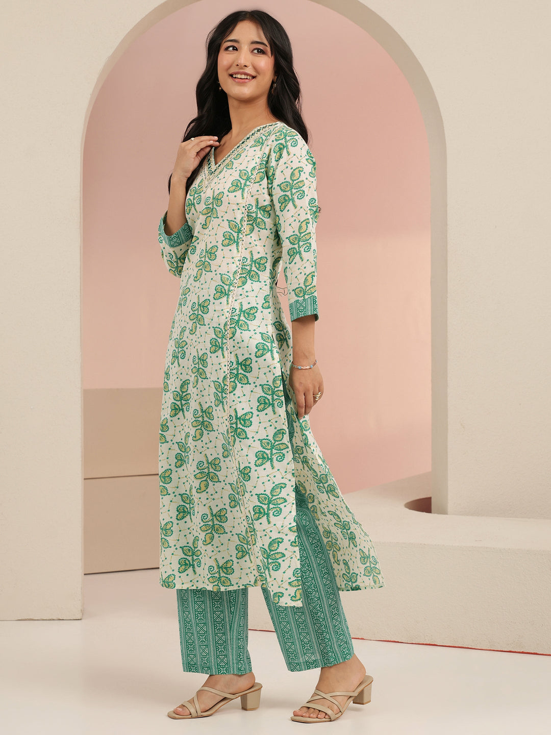  Libas Off White Floral Printed Cotton Straight Suit Set 