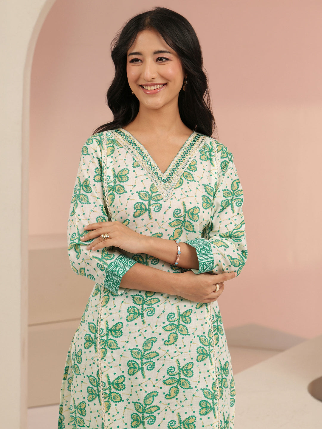  Libas Off White Floral Printed Cotton Straight Suit Set 