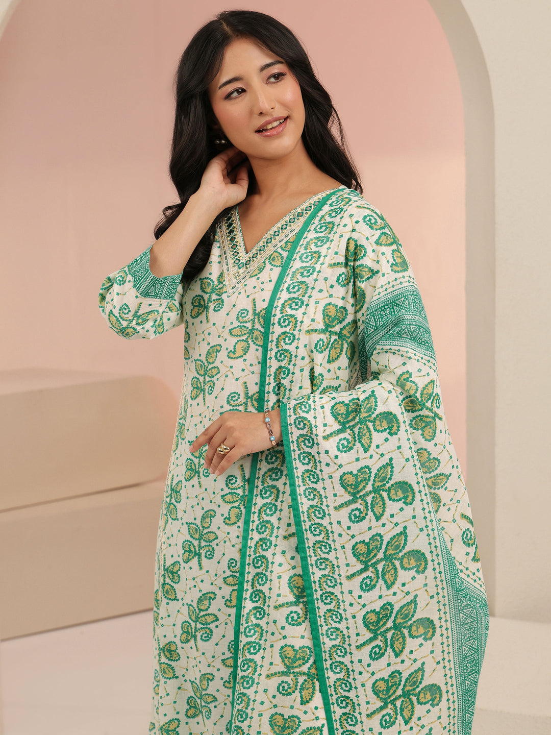  Libas Off White Floral Printed Cotton Straight Suit Set 