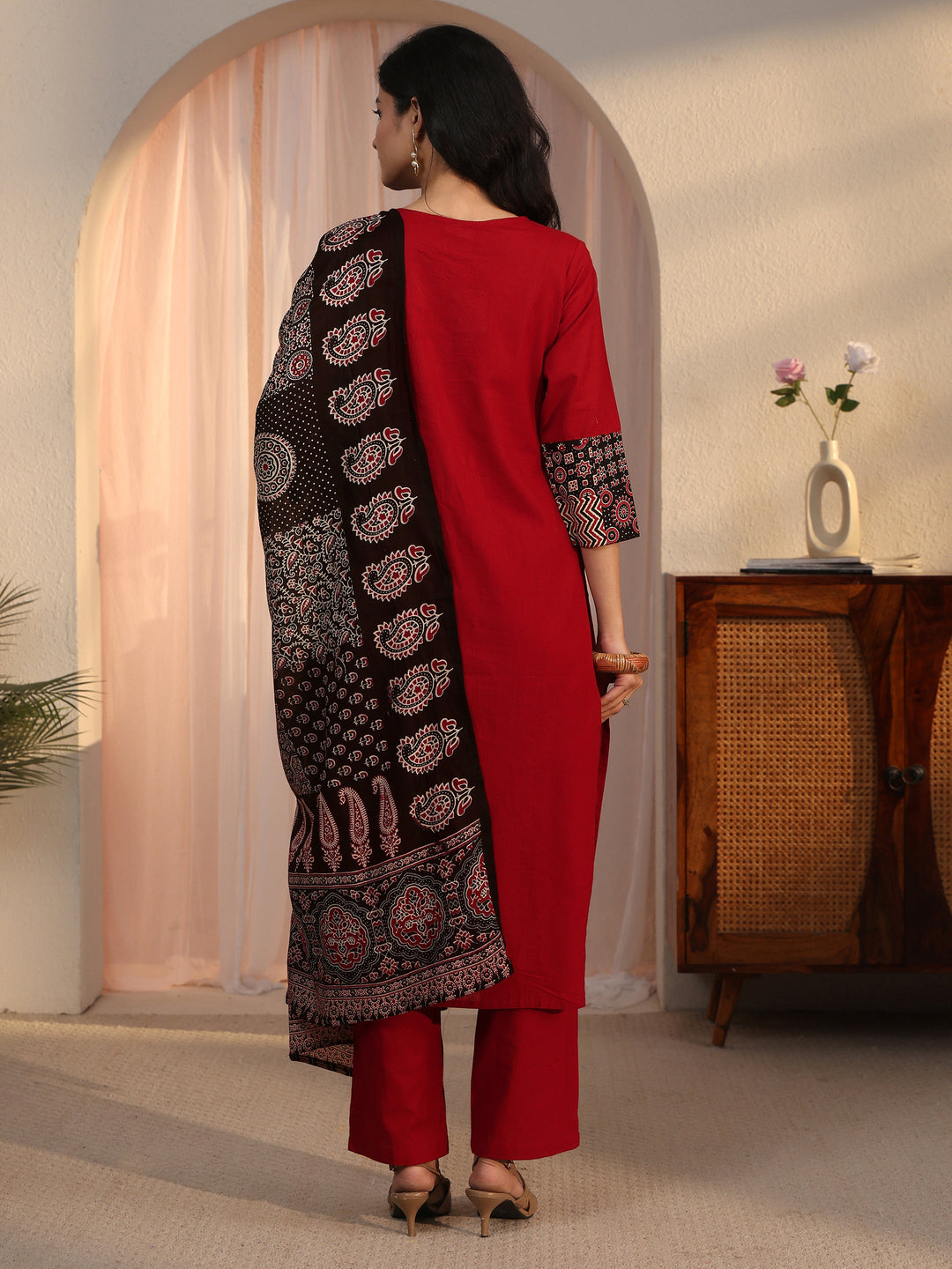  Libas Maroon Ajrakh Printed Cotton Straight Suit Set 
