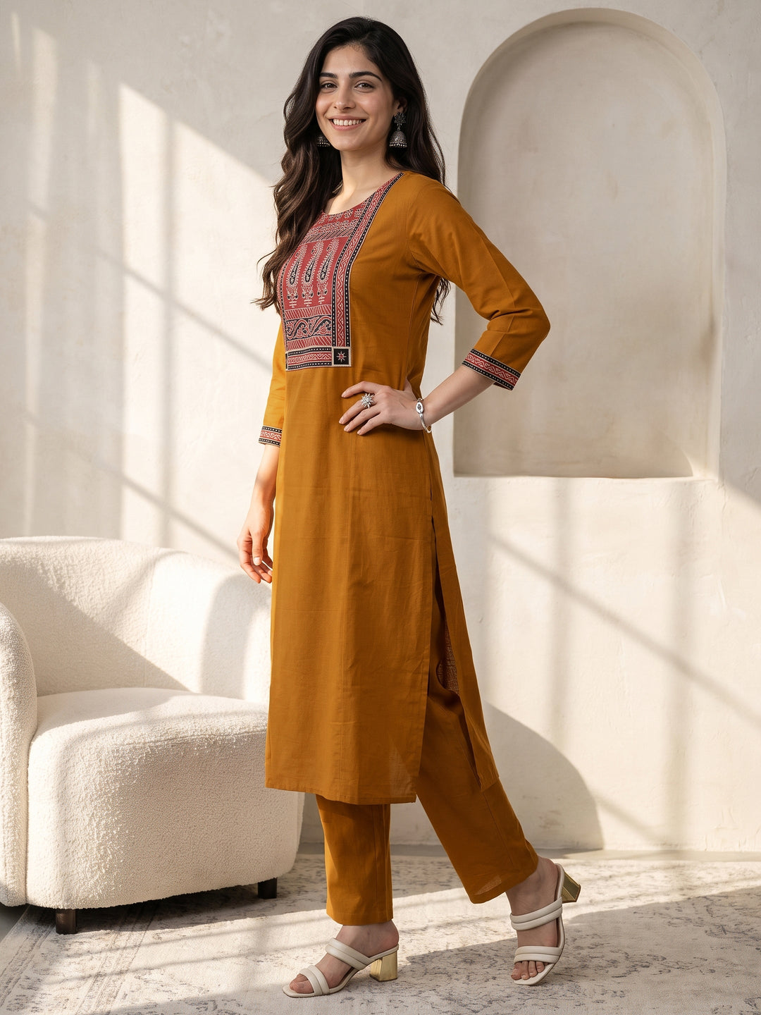  Libas Mustard Paisley Printed Cotton Straight Suit Set 
