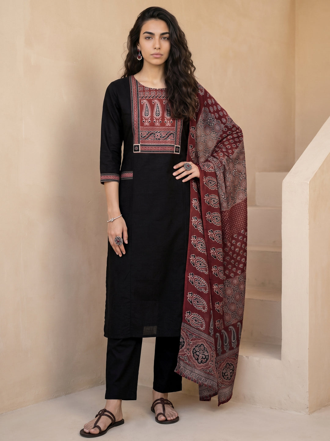  Libas Black Paisley Printed Cotton Straight Suit Set 