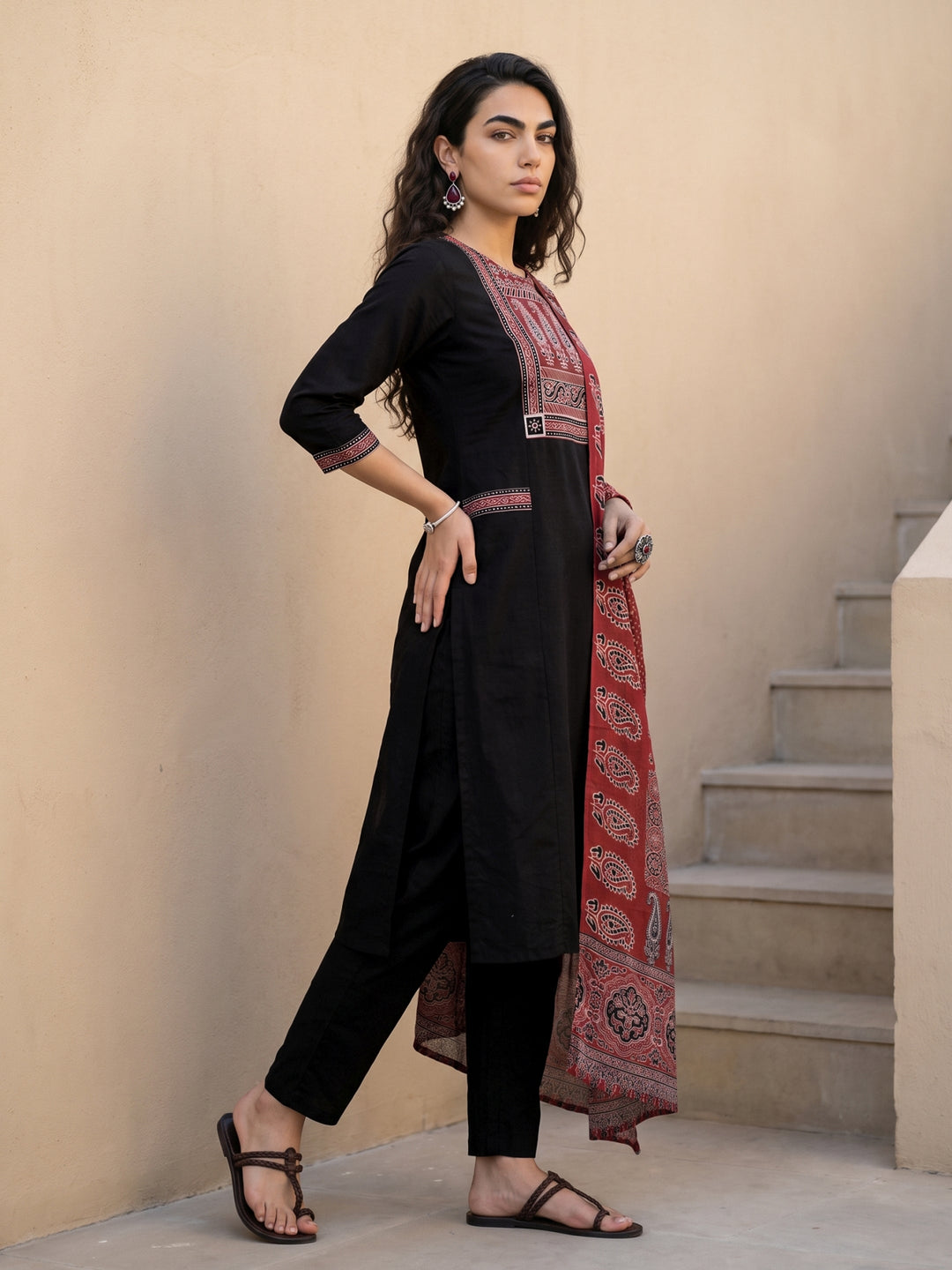  Libas Black Paisley Printed Cotton Straight Suit Set 