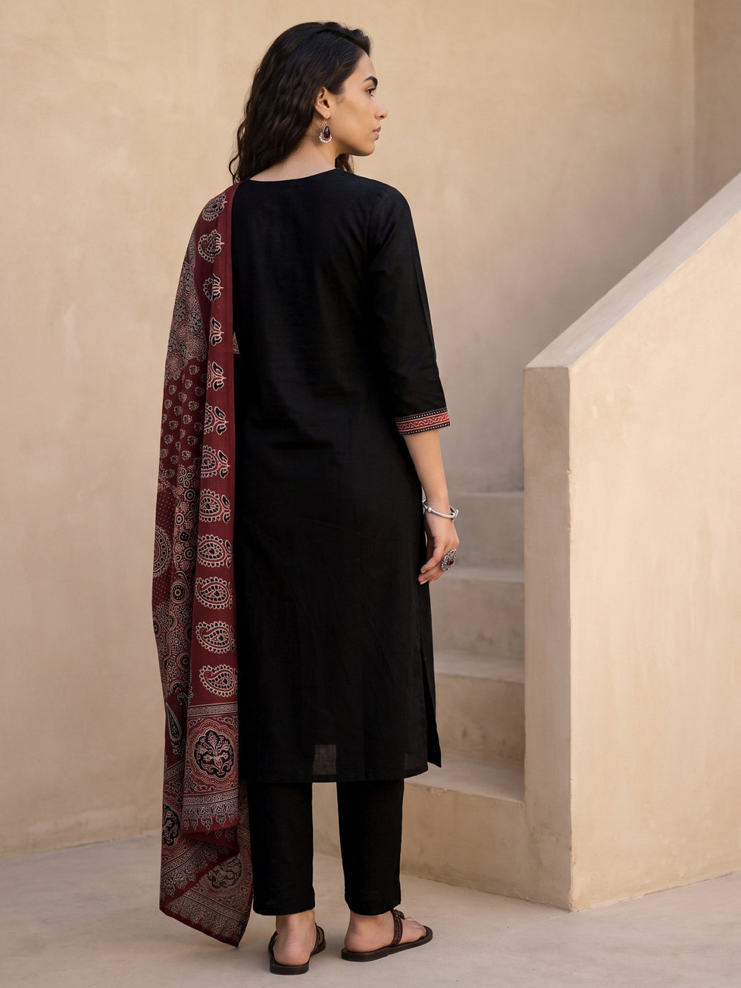  Libas Black Paisley Printed Cotton Straight Suit Set 