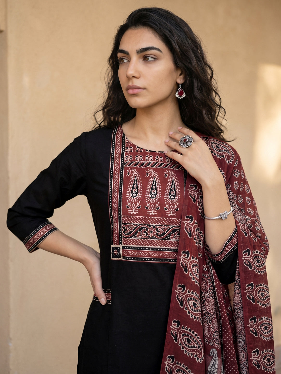  Libas Black Paisley Printed Cotton Straight Suit Set 