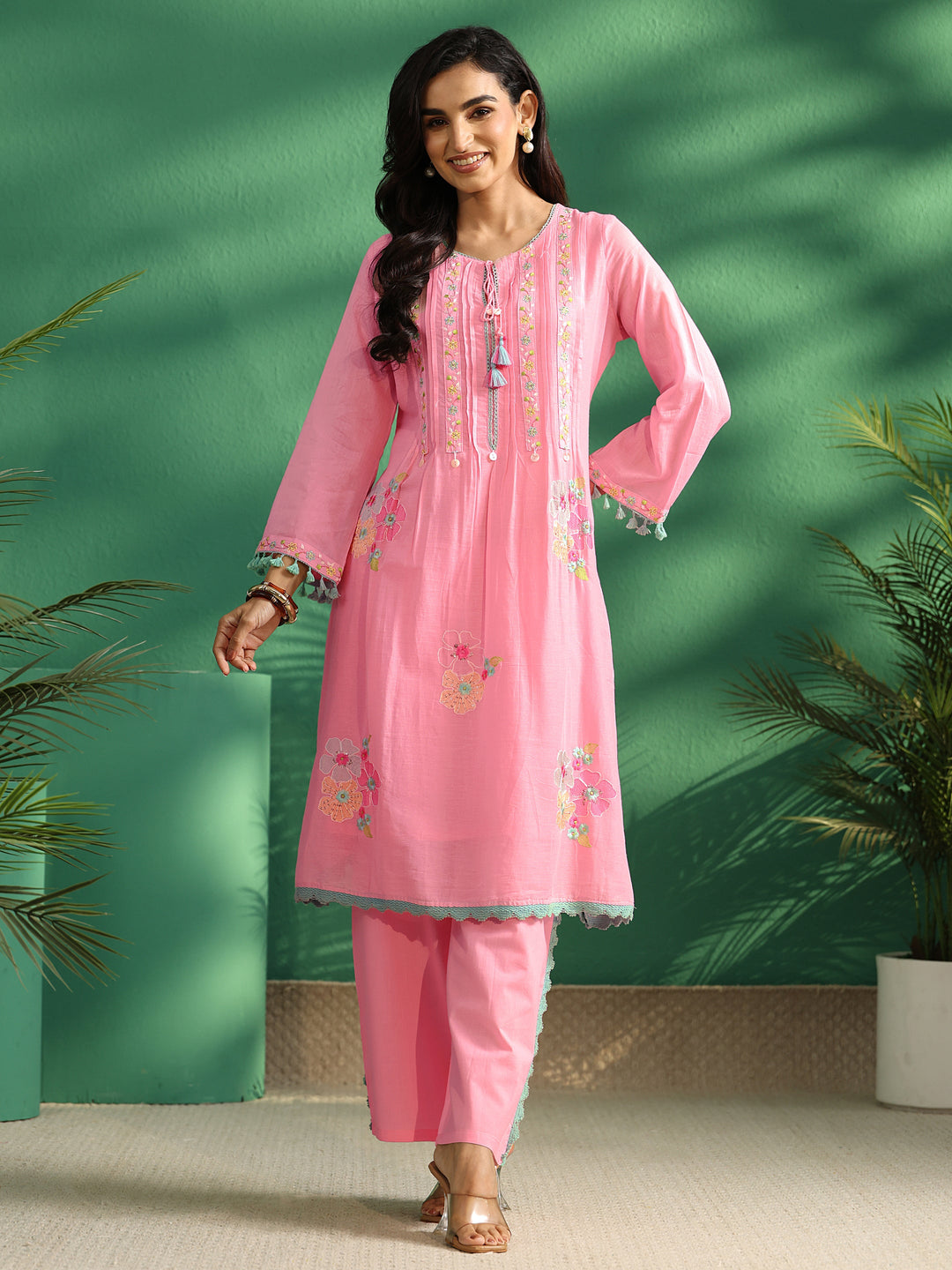 Libas Bubblegum Pink Floral Embroidered Co-Ord Set 