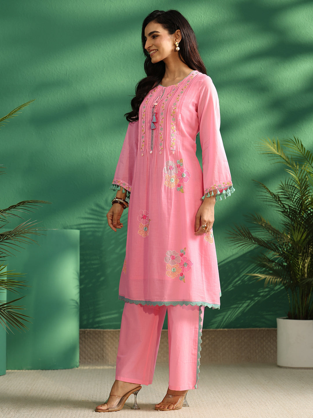  Libas Bubblegum Pink Floral Embroidered Co-Ord Set 