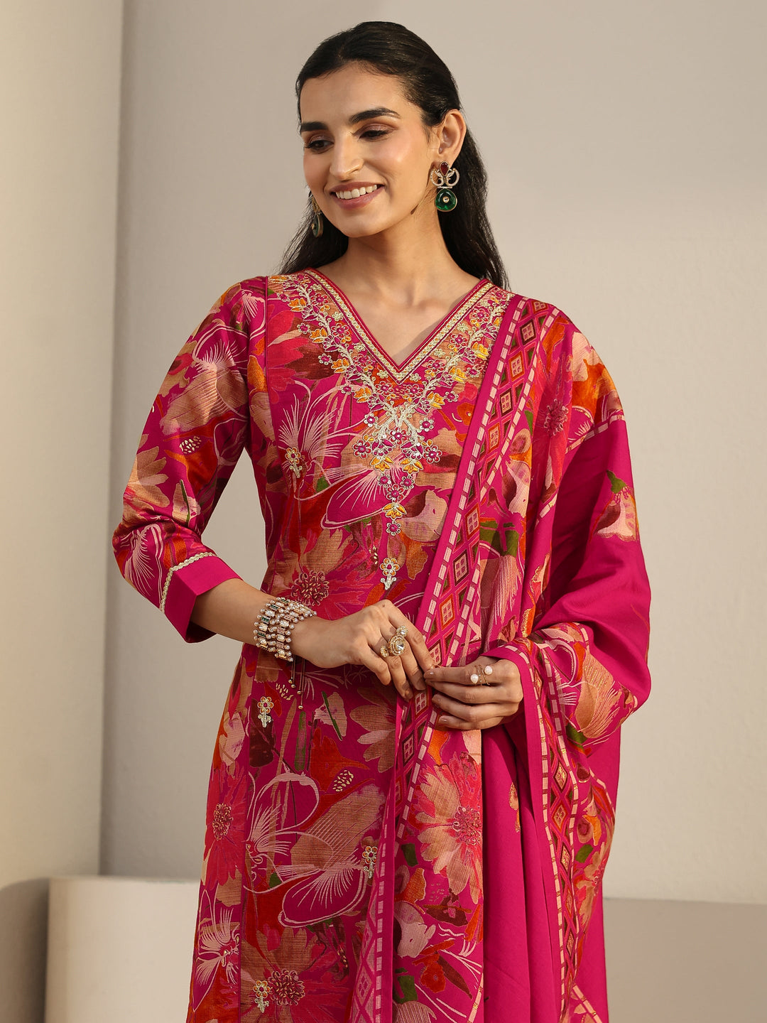  Libas Pink Floral Printed Cotton Blend Straight Suit Set 