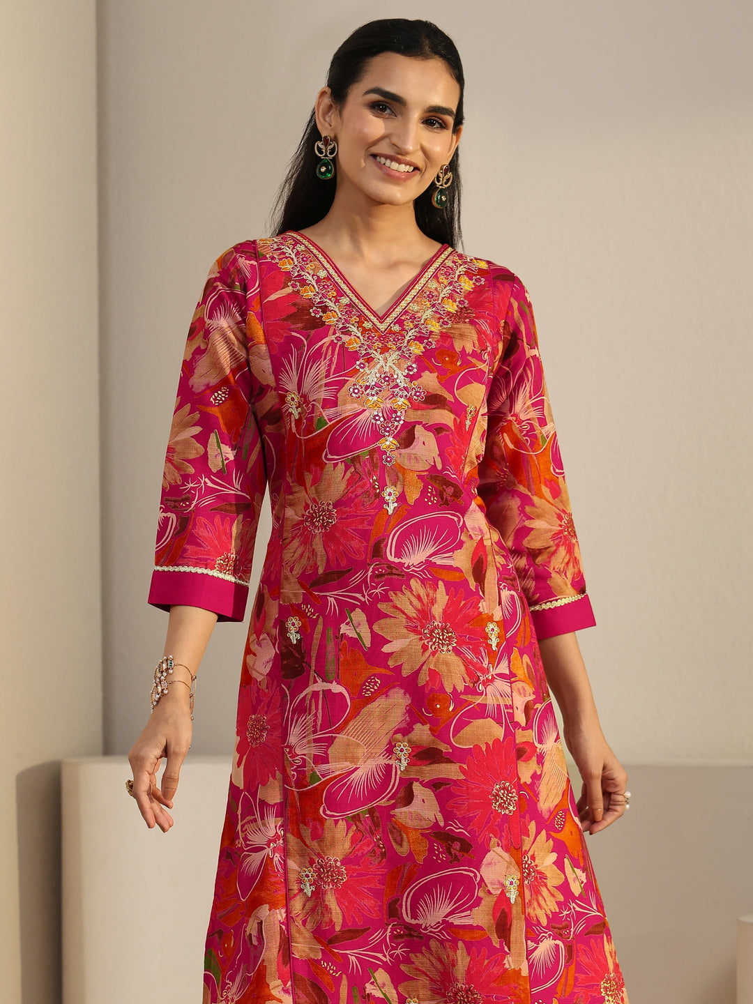  Libas Pink Floral Printed Cotton Blend Straight Suit Set 