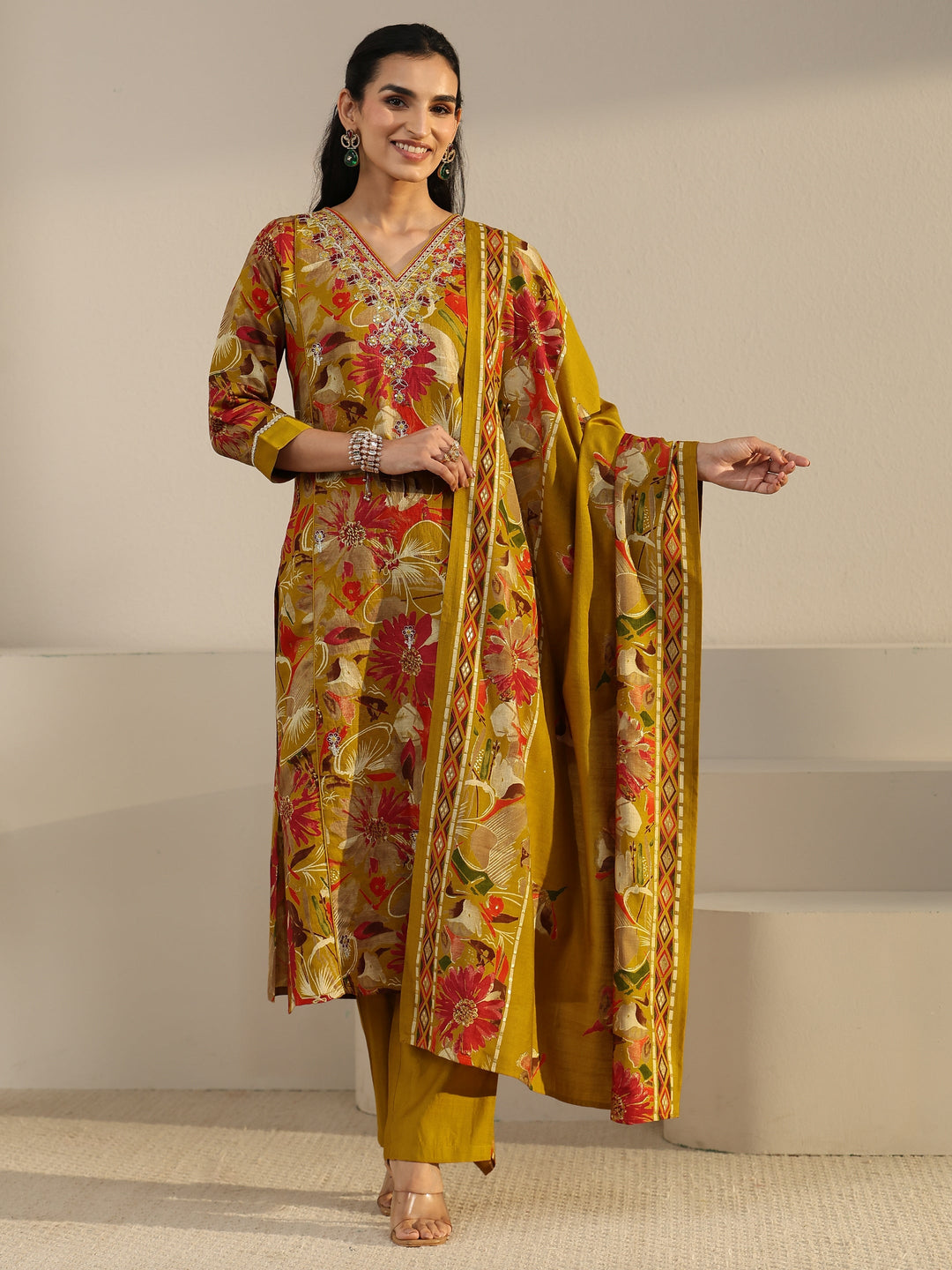  Libas Mustard Floral Printed Cotton Blend Straight Suit Set 