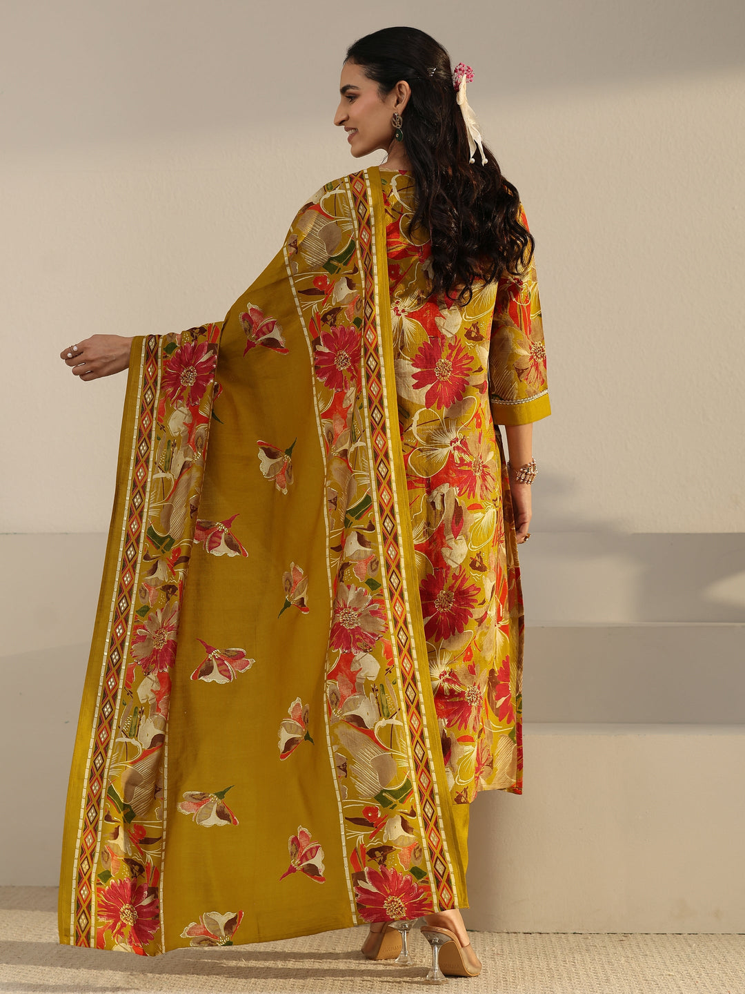  Libas Mustard Floral Printed Cotton Blend Straight Suit Set 