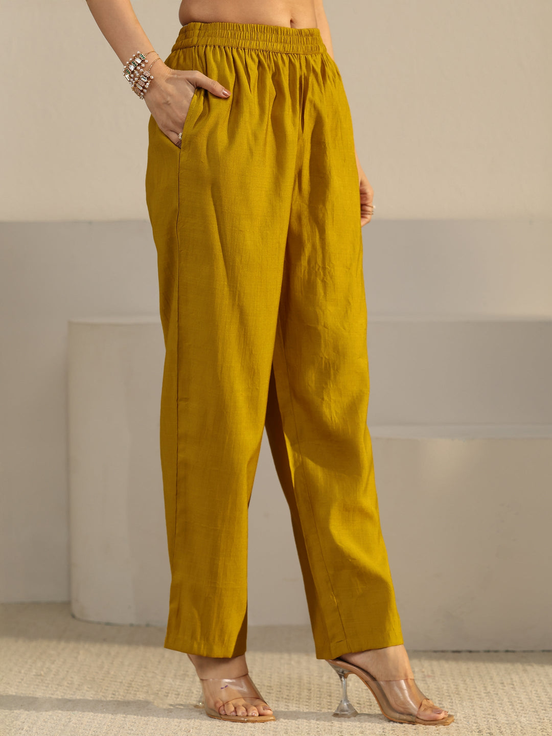  Libas Mustard Floral Printed Cotton Blend Straight Suit Set 