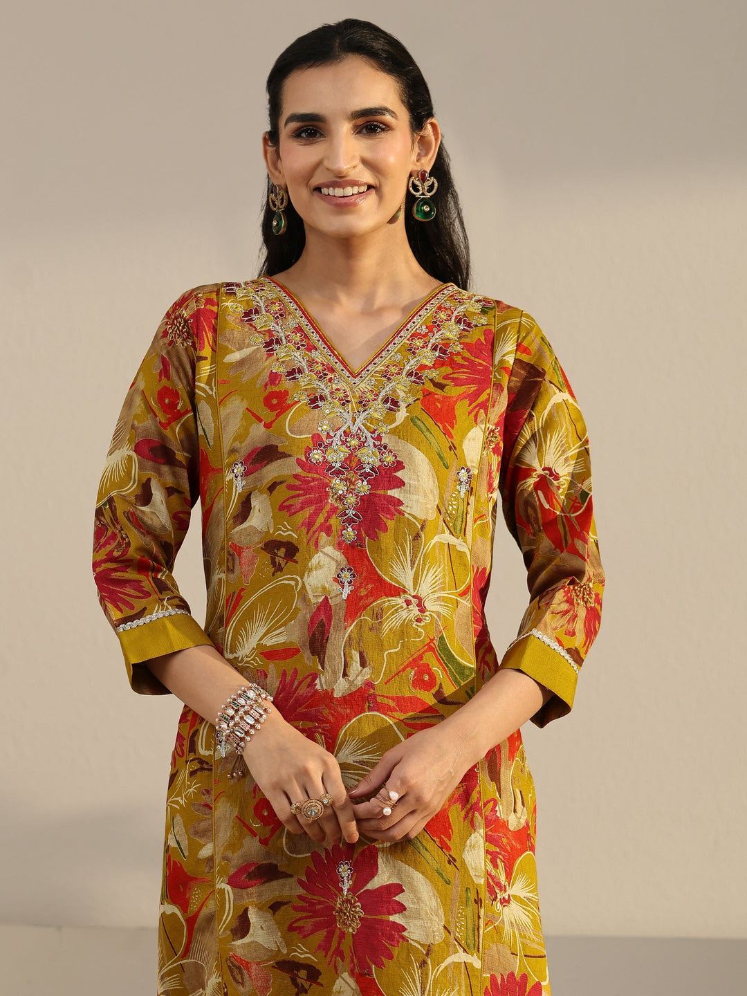  Libas Mustard Floral Printed Cotton Blend Straight Suit Set 