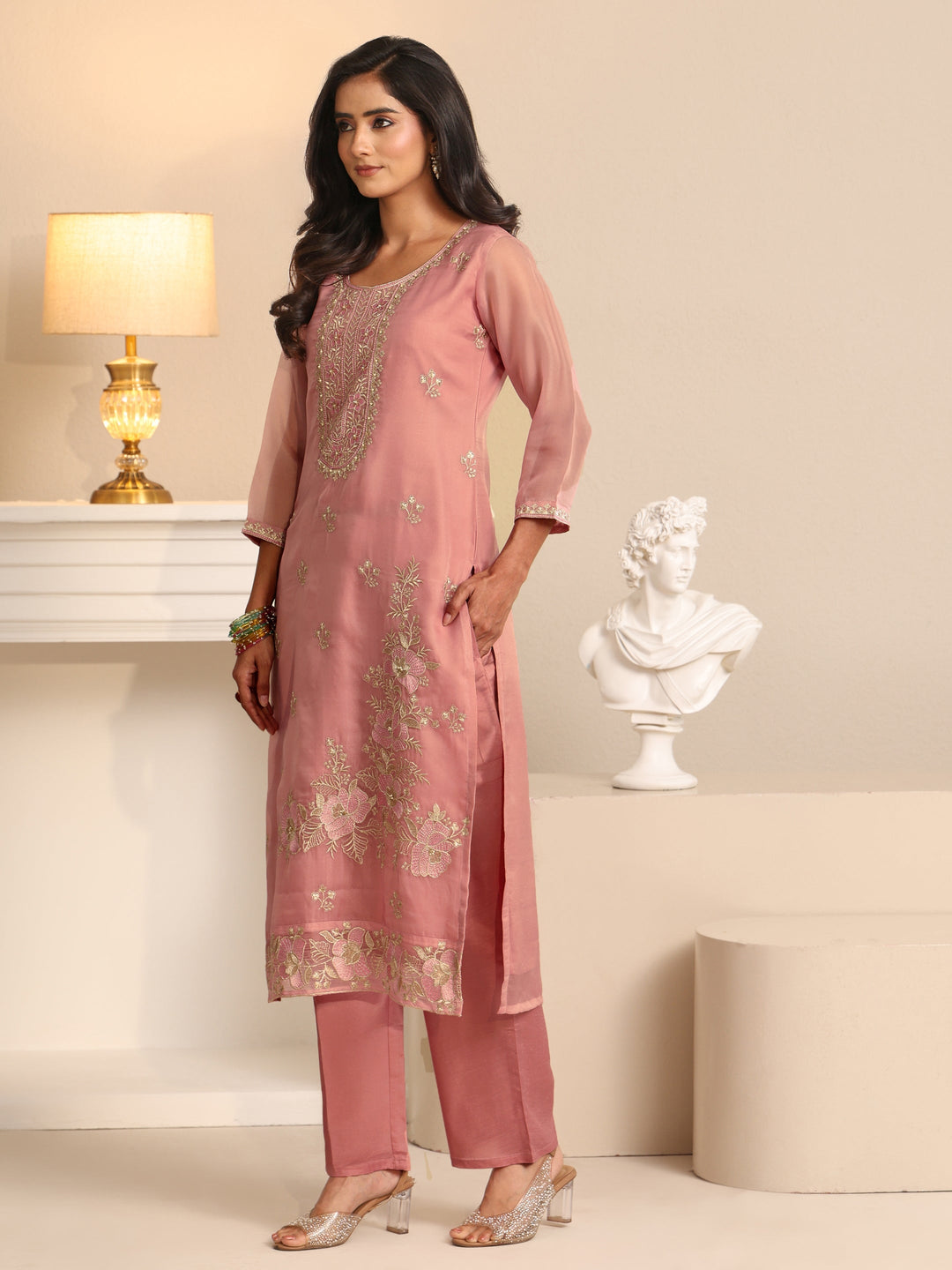  Libas Soft Pink Floral Embroidered Organza Straight Suit Set 