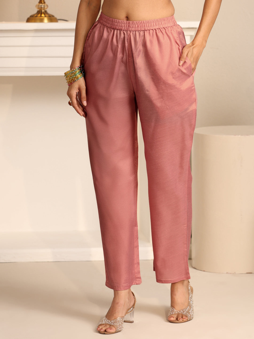  Libas Soft Pink Floral Embroidered Organza Straight Suit Set 