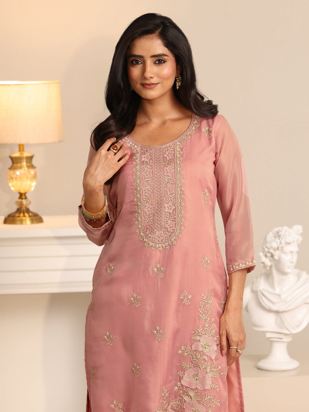  Libas Soft Pink Floral Embroidered Organza Straight Suit Set 