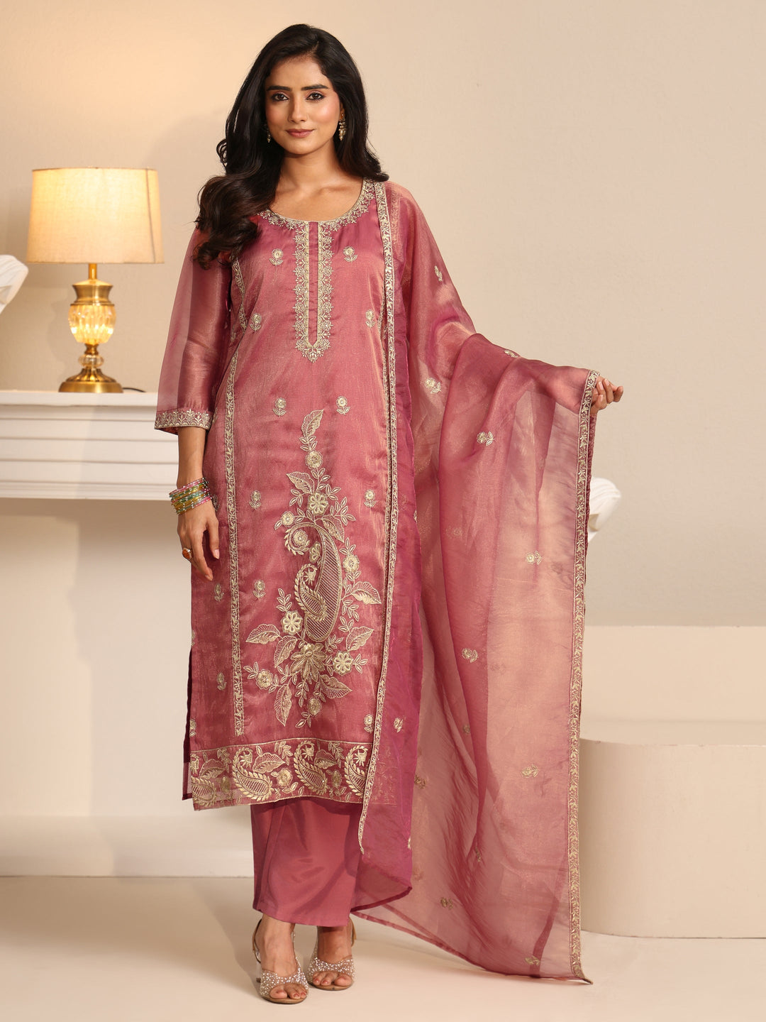  Libas Dusty Rose Pink Paisley Embroidered Tissue Straight Suit Set 