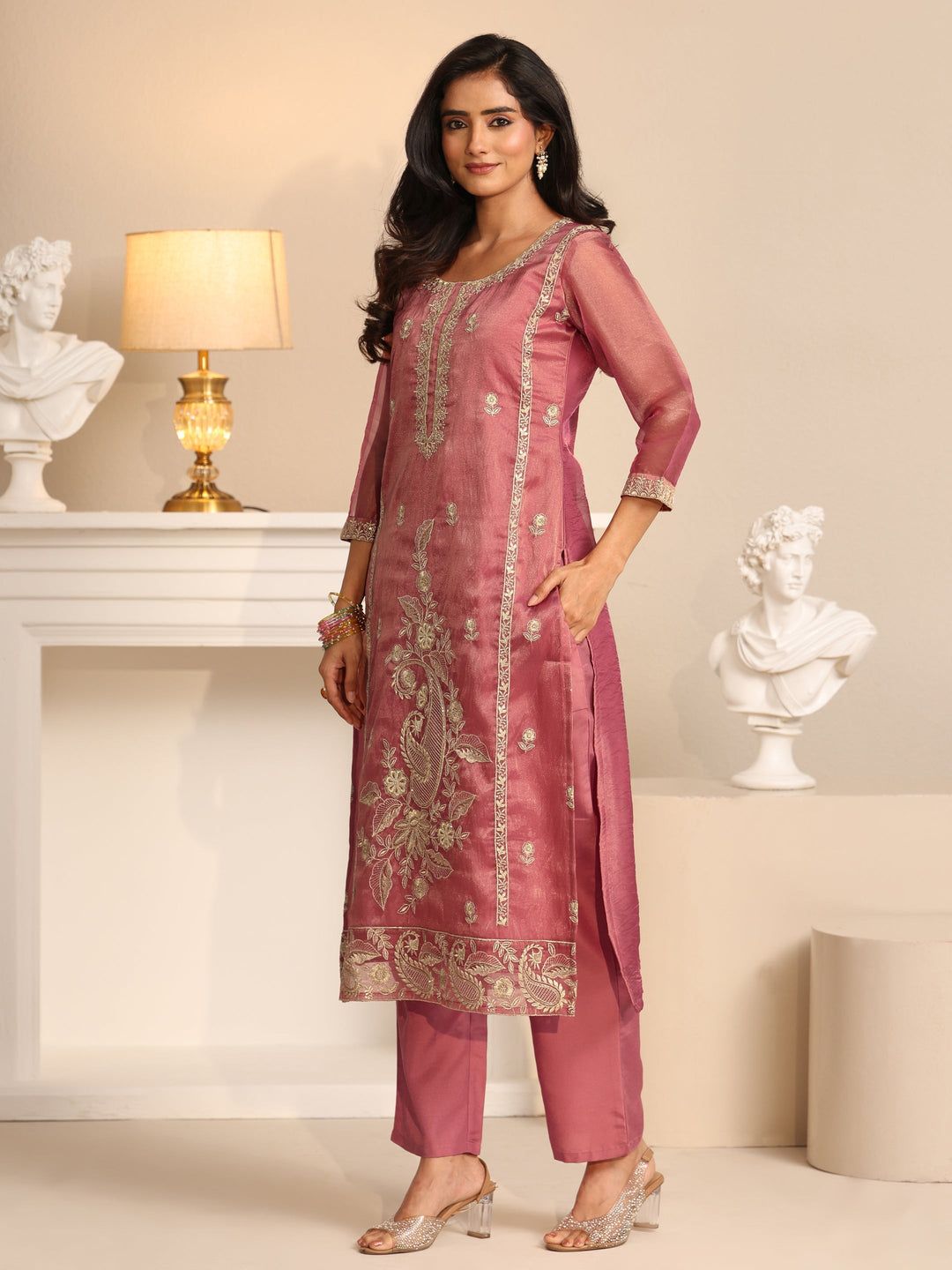  Libas Dusty Rose Pink Paisley Embroidered Tissue Straight Suit Set 