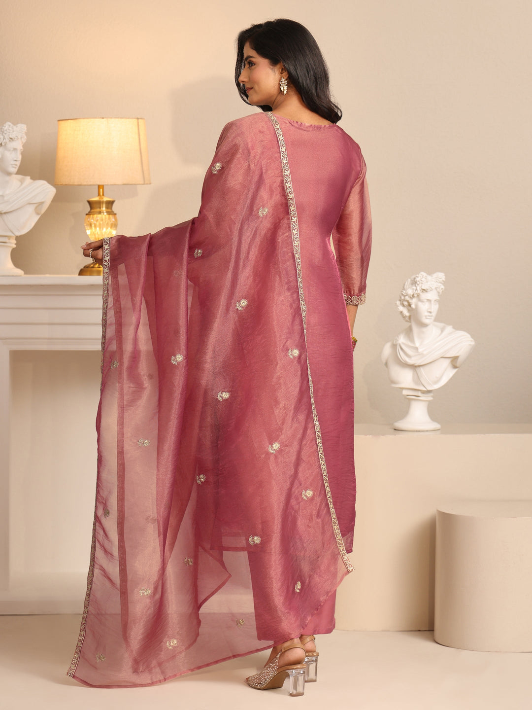 Libas Dusty Rose Pink Paisley Embroidered Tissue Straight Suit Set 