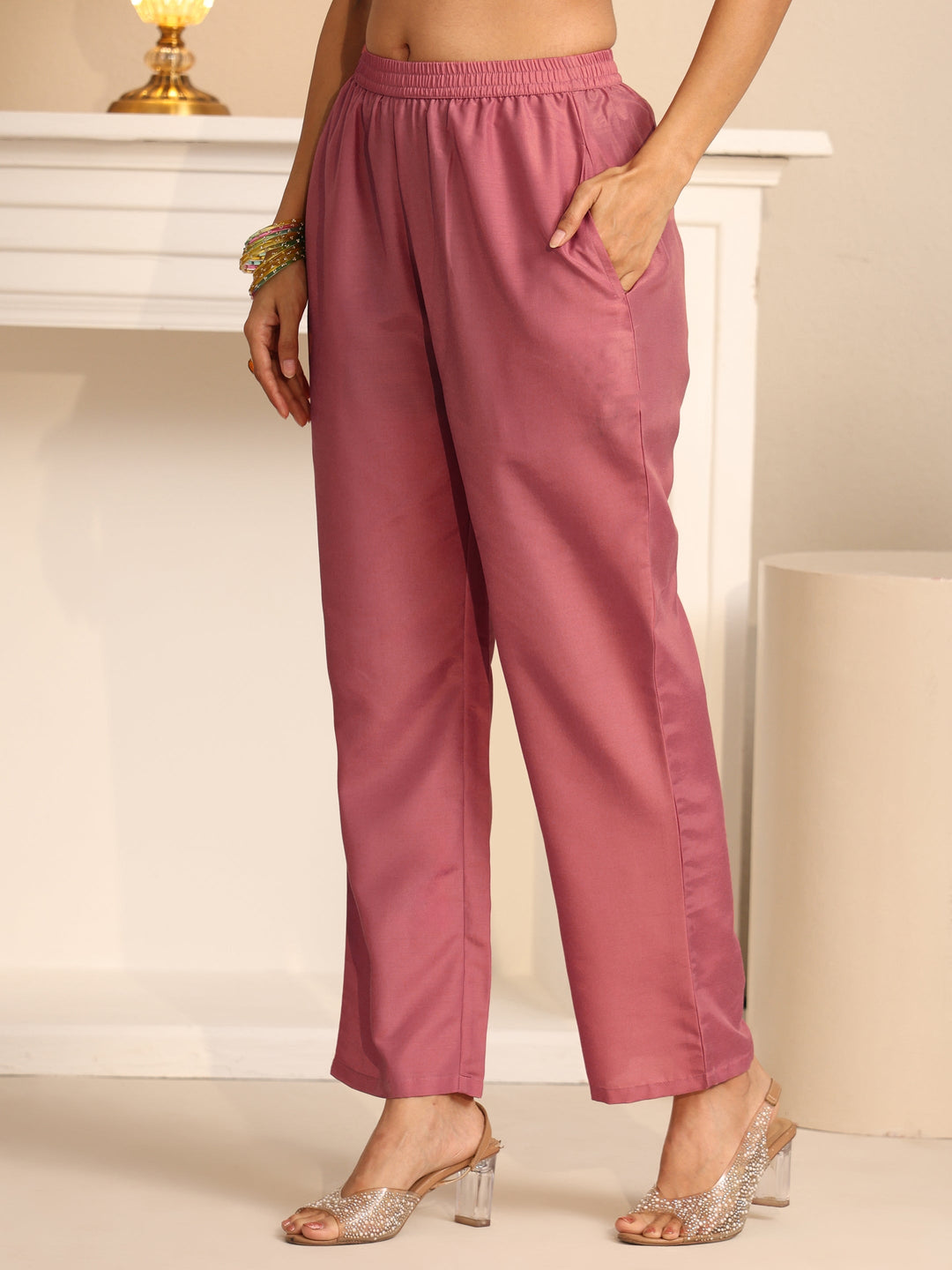  Libas Dusty Rose Pink Paisley Embroidered Tissue Straight Suit Set 