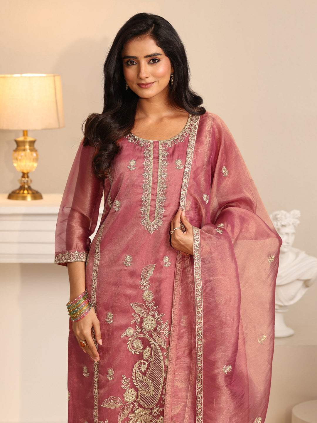  Libas Dusty Rose Pink Paisley Embroidered Tissue Straight Suit Set 