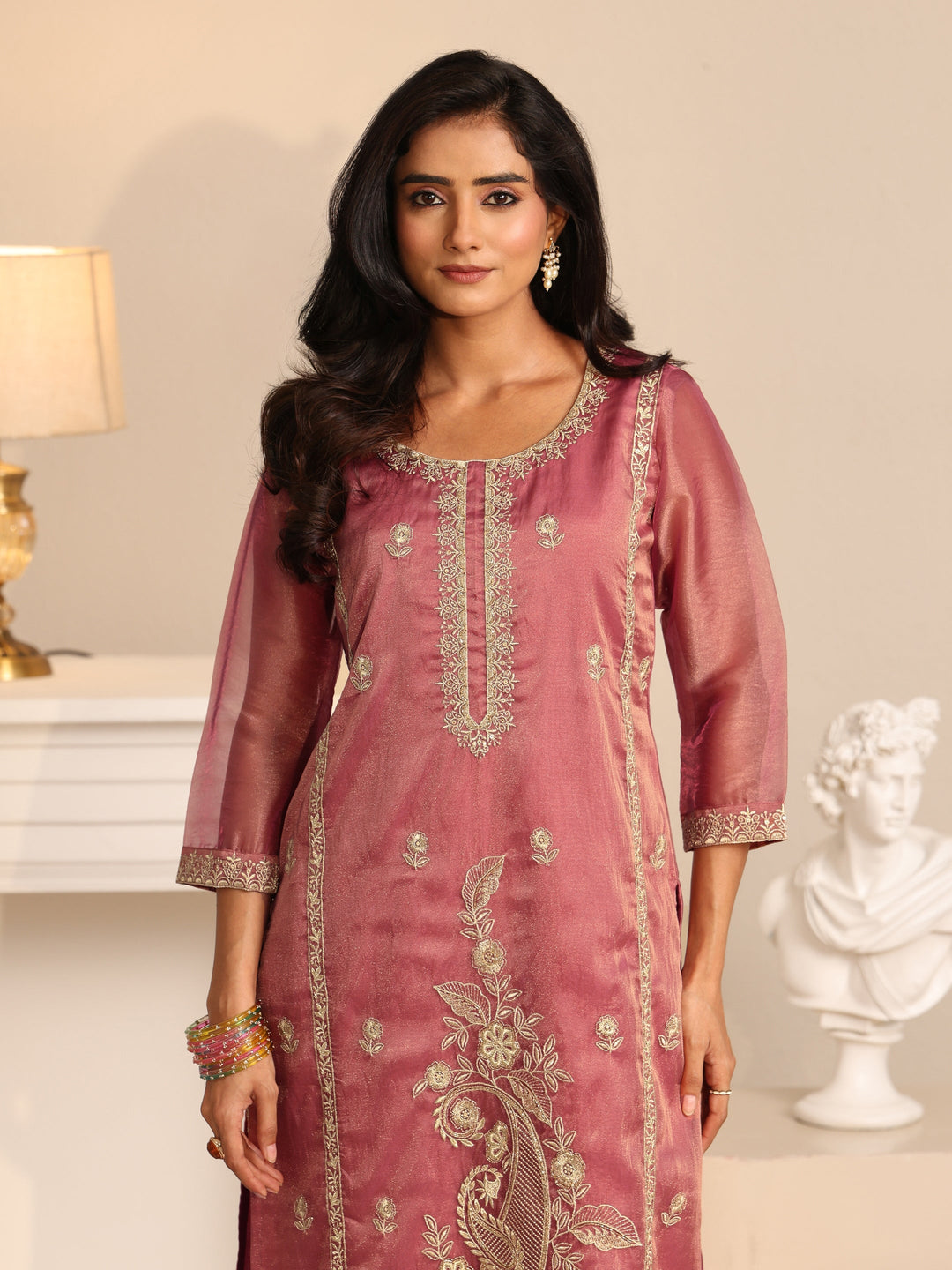  Libas Dusty Rose Pink Paisley Embroidered Tissue Straight Suit Set 