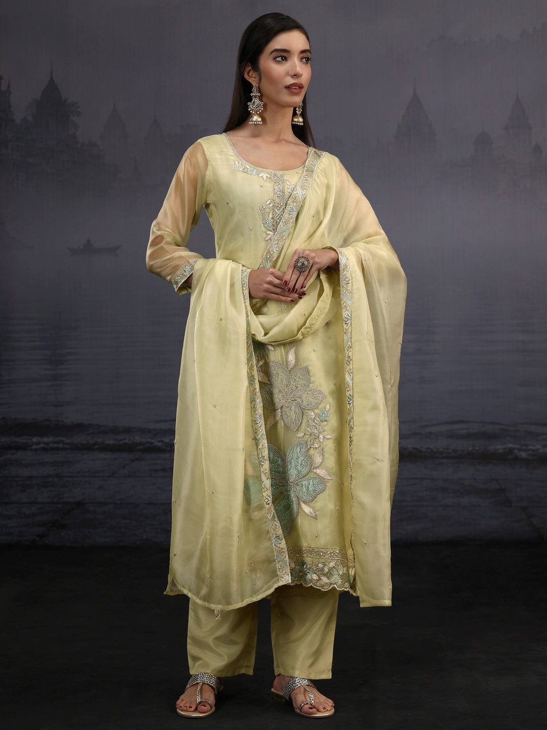  Libas Pista Green Floral Embroidered Organza Straight Suit Set 