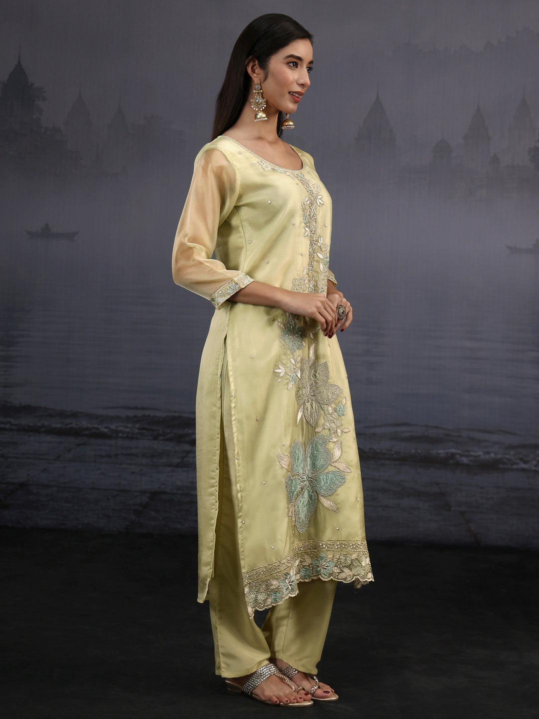  Libas Pista Green Floral Embroidered Organza Straight Suit Set 