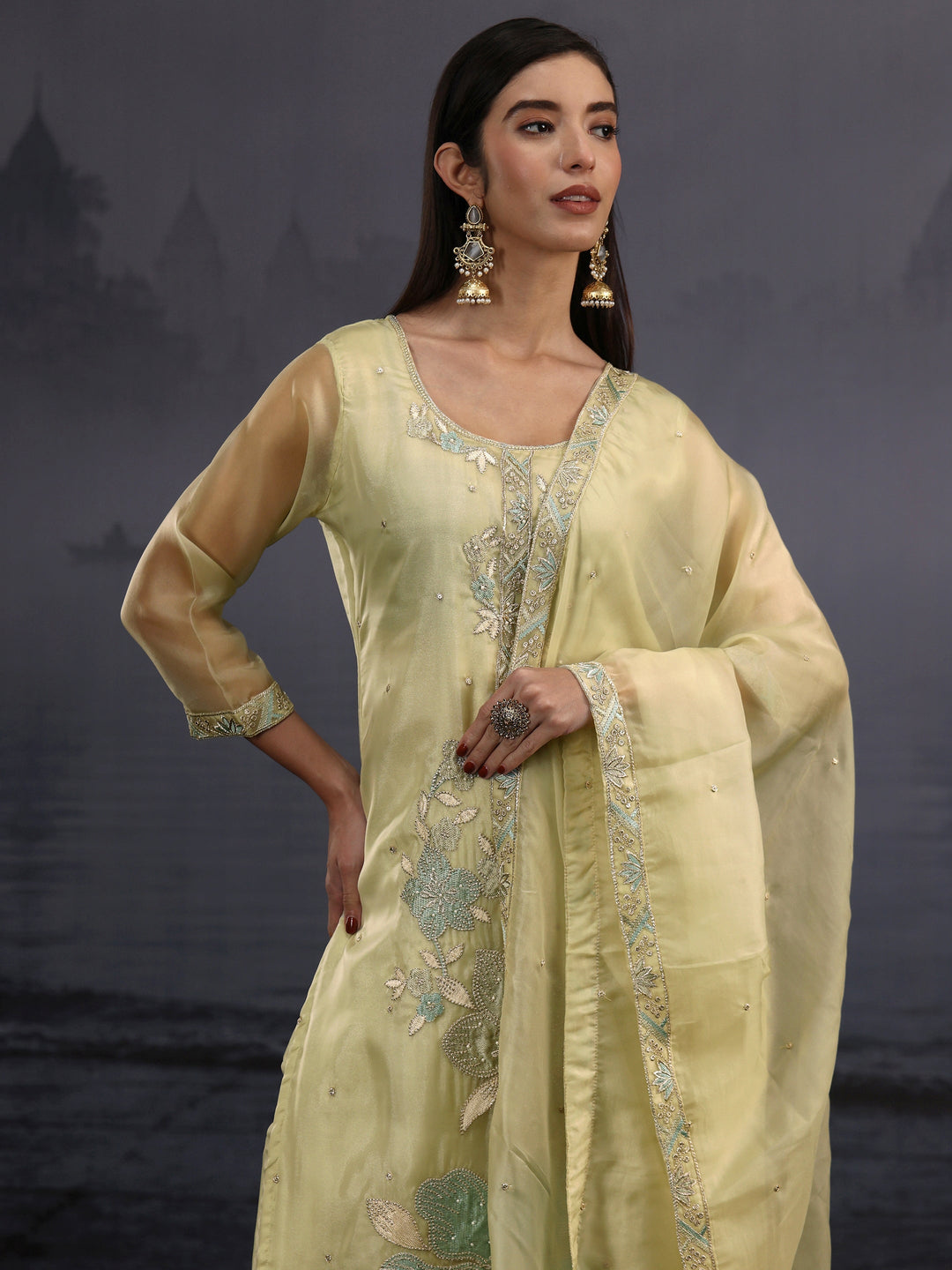  Libas Pista Green Floral Embroidered Organza Straight Suit Set 