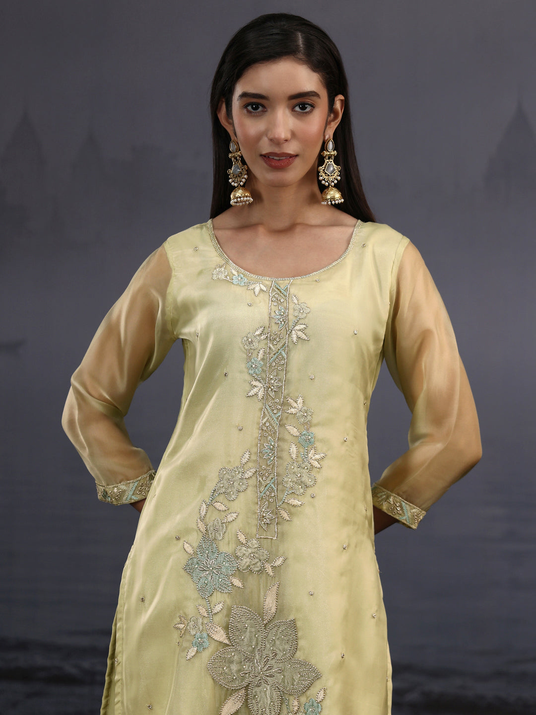  Libas Pista Green Floral Embroidered Organza Straight Suit Set 