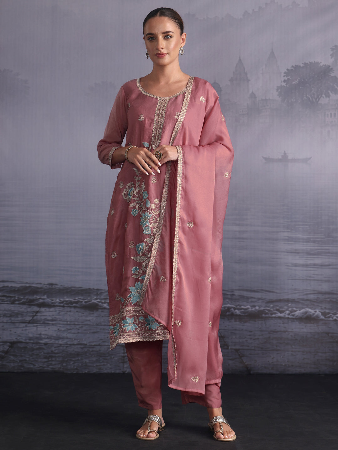  Libas Dusty Pink Floral Embroidered Tissue Straight Suit Set 