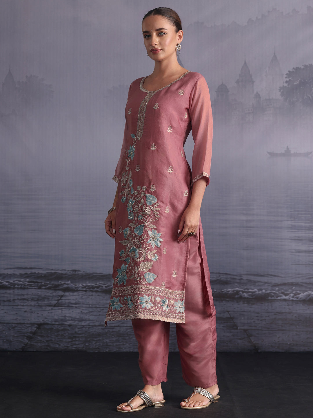  Libas Dusty Pink Floral Embroidered Tissue Straight Suit Set 