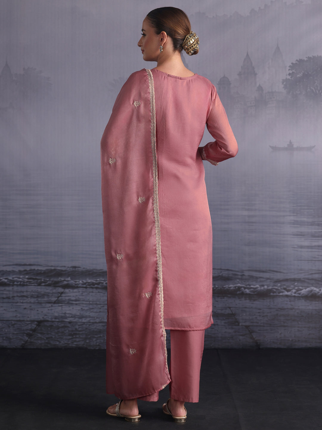  Libas Dusty Pink Floral Embroidered Tissue Straight Suit Set 