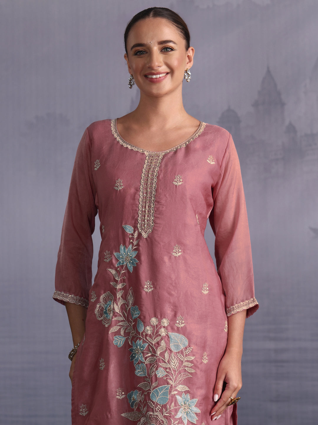 Libas Dusty Pink Floral Embroidered Tissue Straight Suit Set 