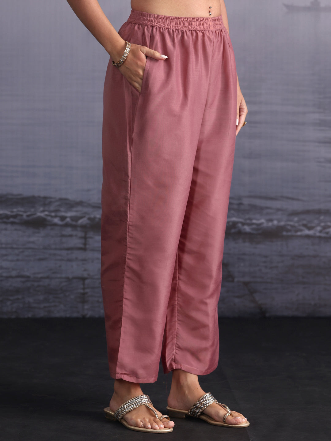  Libas Dusty Pink Floral Embroidered Tissue Straight Suit Set 