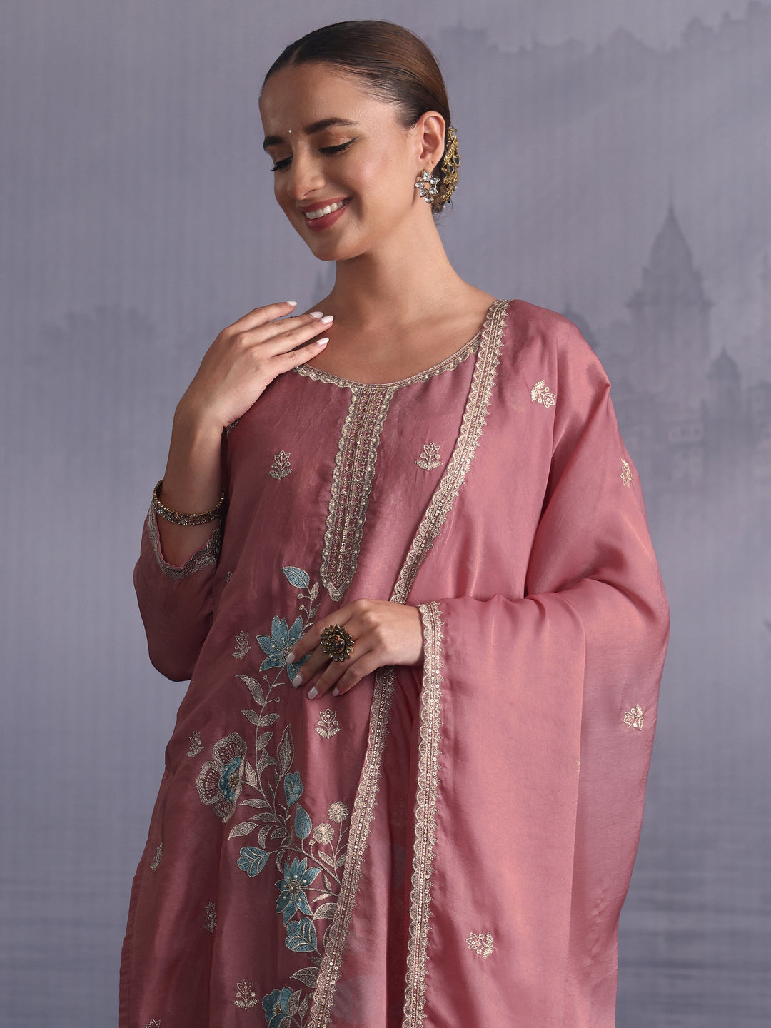 Libas Dusty Pink Floral Embroidered Tissue Straight Suit Set 