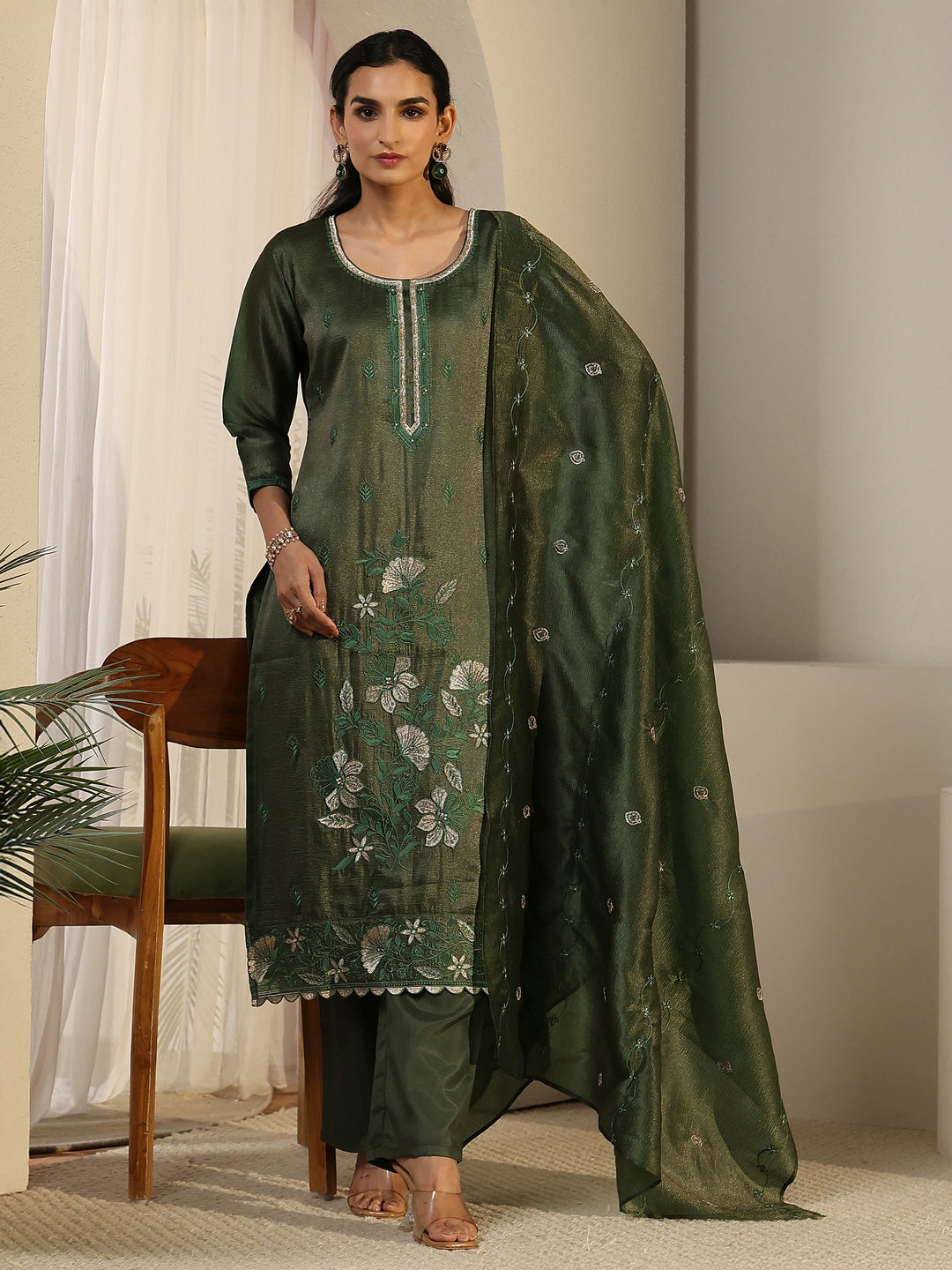 Libas Dark Green Floral Embroidered Tissue Straight Suit Set 