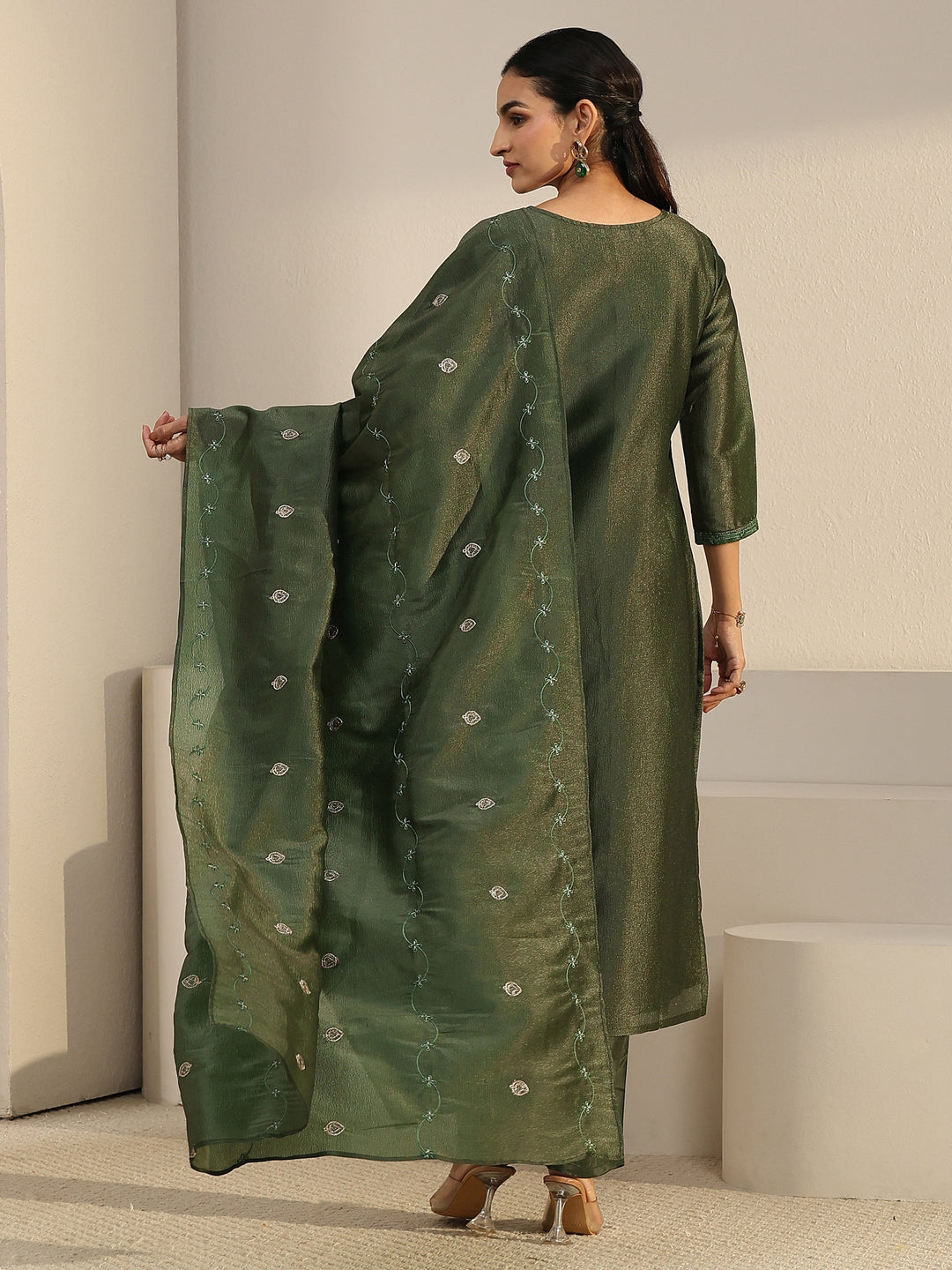  Libas Dark Green Floral Embroidered Tissue Straight Suit Set 