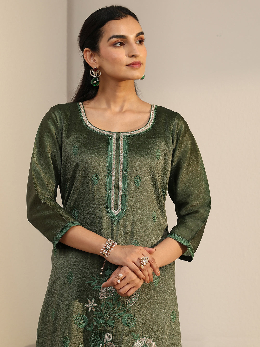  Libas Dark Green Floral Embroidered Tissue Straight Suit Set 