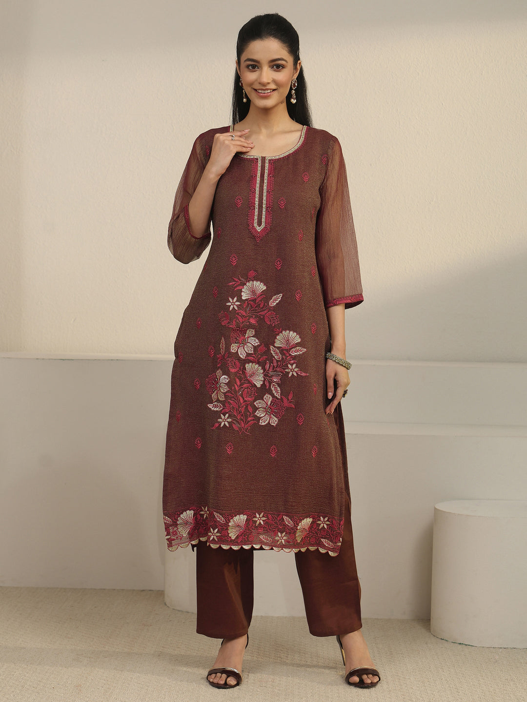  Libas Chocolate Brown Floral Embroidered Tissue Straight Suit Set 