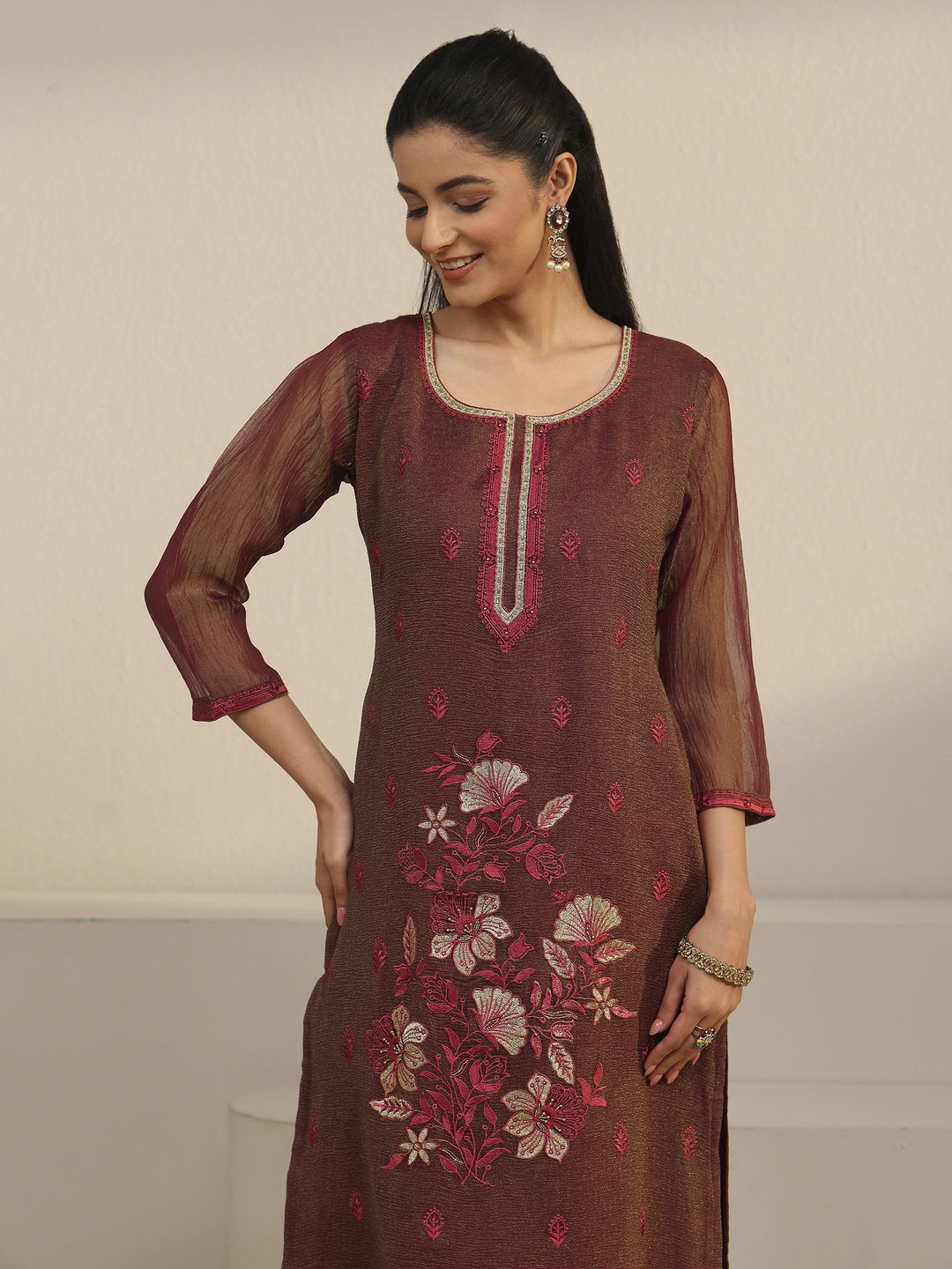  Libas Chocolate Brown Floral Embroidered Tissue Straight Suit Set 