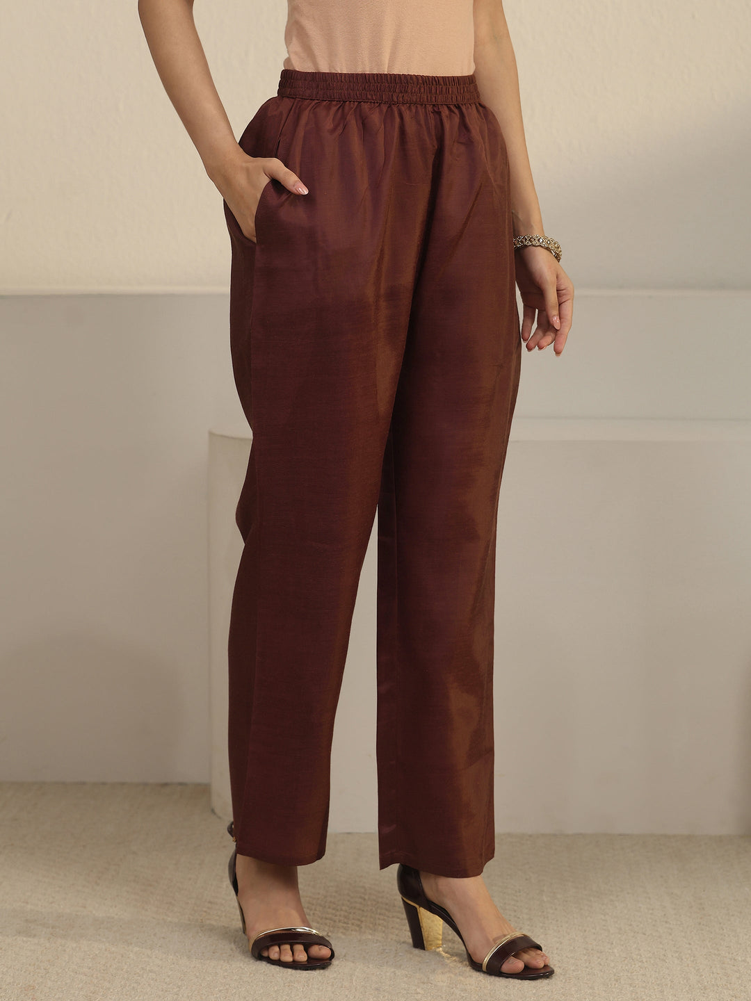  Libas Chocolate Brown Floral Embroidered Tissue Straight Suit Set 